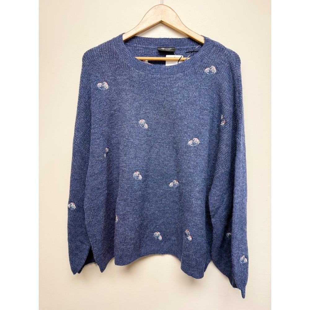 Gina Blue Embroidered Daisy Sweater Sz XXL Flattering Design Cuff Sleeves‎ NWT
